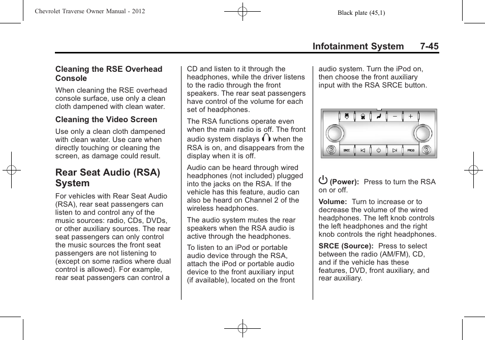 Rear seat audio (rsa) system, Audio (rsa) | CHEVROLET 2012 Traverse User Manual | Page 225 / 450