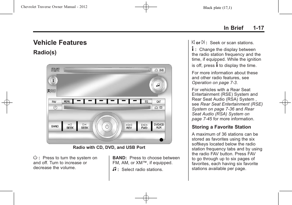 Vehicle features, Radio(s), Vehicle features -17 | Rear seats, Radio(s) -17 | CHEVROLET 2012 Traverse User Manual | Page 23 / 450