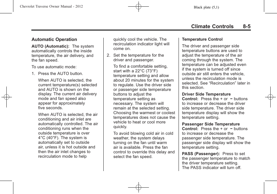 Climate controls 8-5 | CHEVROLET 2012 Traverse User Manual | Page 239 / 450