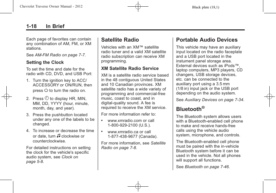 Satellite radio, Portable audio devices, Bluetooth | CHEVROLET 2012 Traverse User Manual | Page 24 / 450