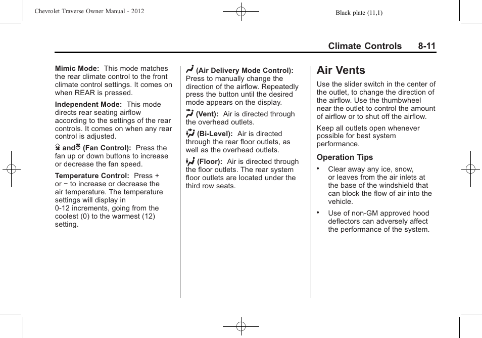 Air vents, Air vents -11 | CHEVROLET 2012 Traverse User Manual | Page 245 / 450