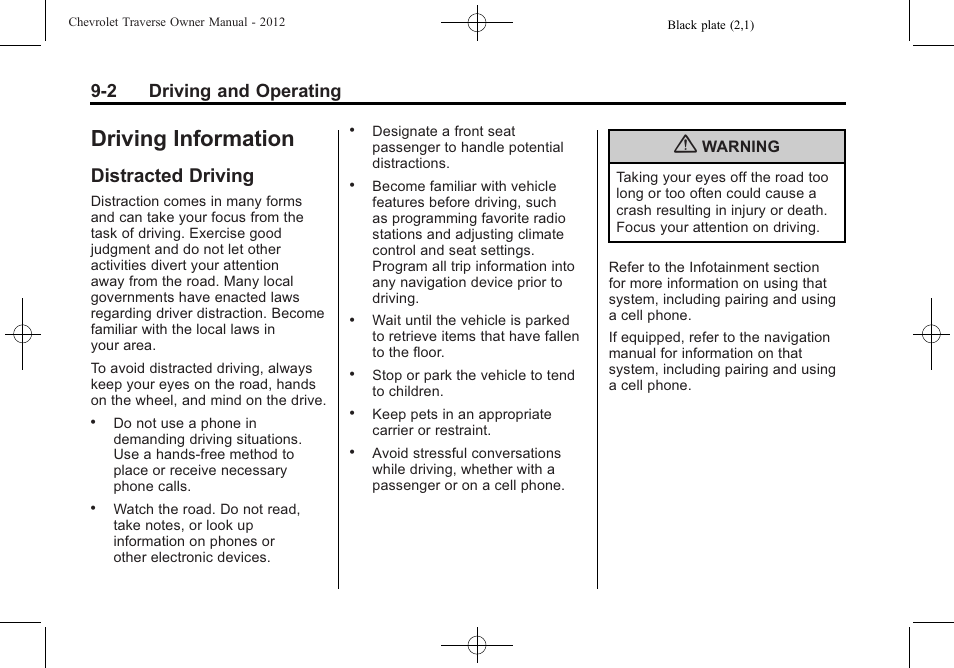 Driving information, Distracted driving, Driving information -2 | Wheels and tires -36, Vehicle, Distracted driving -2, 2 driving and operating | CHEVROLET 2012 Traverse User Manual | Page 250 / 450