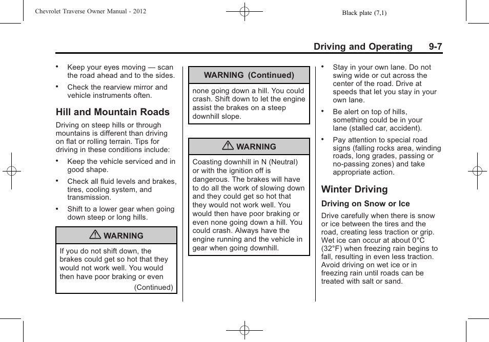 Hill and mountain roads, Winter driving, Hill and mountain roads -7 winter driving -7 | Antilock, Driving and operating 9-7 | CHEVROLET 2012 Traverse User Manual | Page 255 / 450