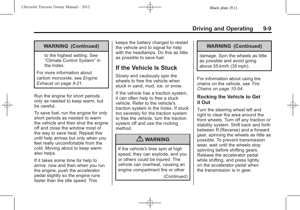 If the vehicle is stuck, If the vehicle is stuck -9 | CHEVROLET 2012 Traverse User Manual | Page 257 / 450