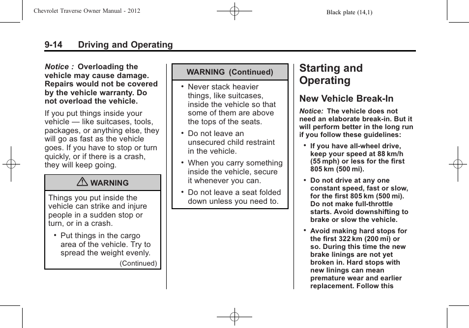 Starting and operating, New vehicle break-in, Starting and operating -14 | Jump starting, New vehicle break-in -14, 14 driving and operating | CHEVROLET 2012 Traverse User Manual | Page 262 / 450