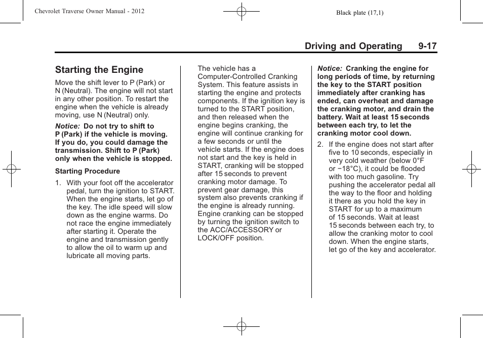 Starting the engine, Starting the engine -17 | CHEVROLET 2012 Traverse User Manual | Page 265 / 450