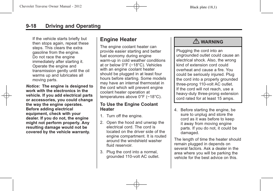 Engine heater, Engine heater -18 | CHEVROLET 2012 Traverse User Manual | Page 266 / 450