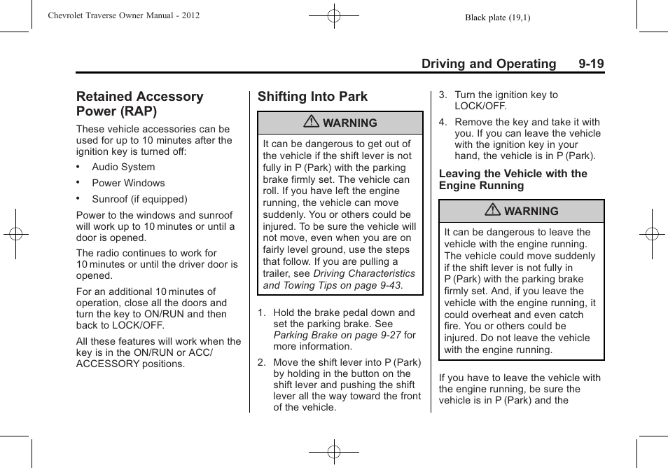 Retained accessory power (rap), Shifting into park, Shifting into | Retained accessory, Power (rap) -19, Shifting into park -19, Object | CHEVROLET 2012 Traverse User Manual | Page 267 / 450