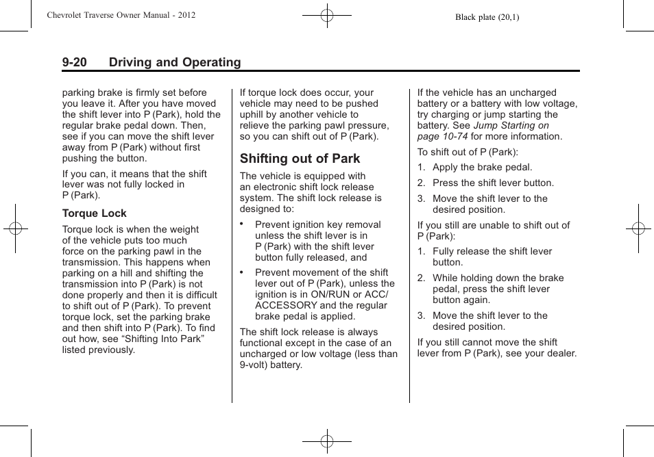 Shifting out of park, Shifting out of park -20, 20 driving and operating | CHEVROLET 2012 Traverse User Manual | Page 268 / 450