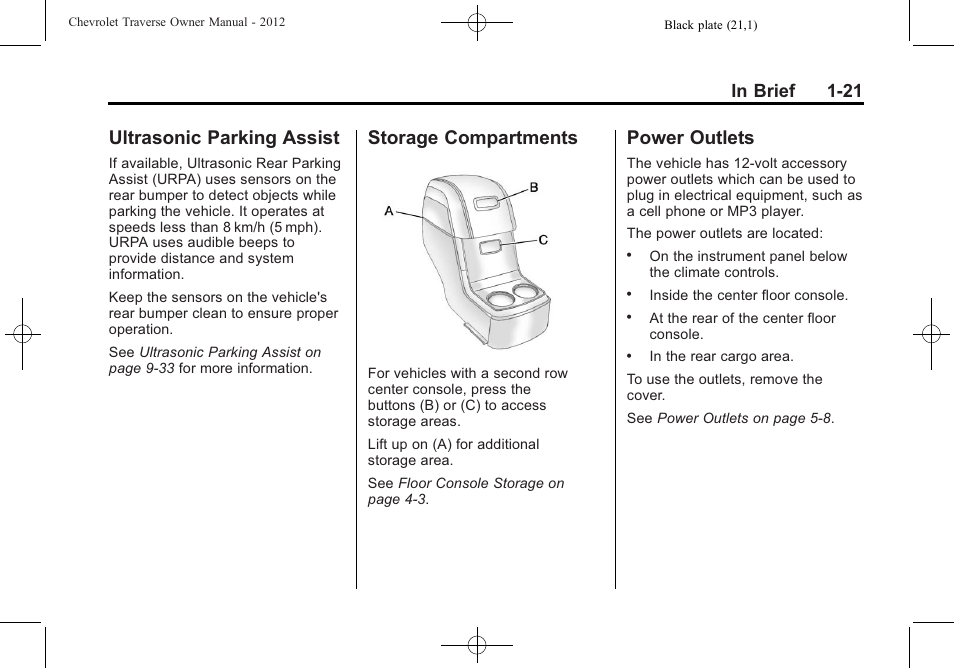 Ultrasonic parking assist, Storage compartments, Power outlets | CHEVROLET 2012 Traverse User Manual | Page 27 / 450