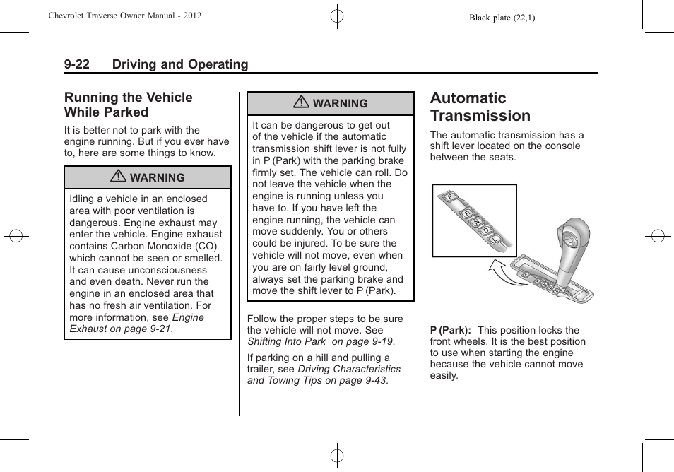 Running the vehicle while parked, Automatic transmission, Automatic transmission -22 | Appearance, Running the vehicle while, Parked -22 | CHEVROLET 2012 Traverse User Manual | Page 270 / 450