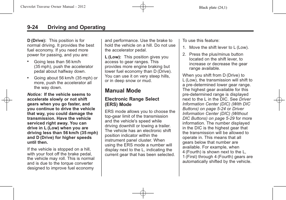 Manual mode, Mode -24, 24 driving and operating | CHEVROLET 2012 Traverse User Manual | Page 272 / 450