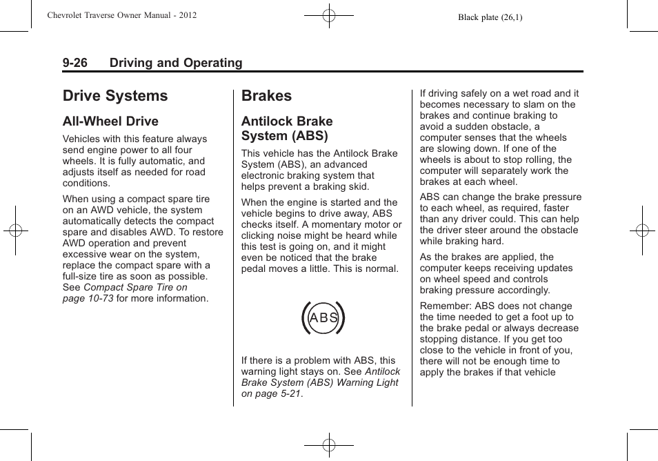 Drive systems, All-wheel drive, Brakes | Antilock brake system (abs), Drive systems -26 brakes -26, Service and, All-wheel drive -26, Brake, System (abs) -26, General | CHEVROLET 2012 Traverse User Manual | Page 274 / 450