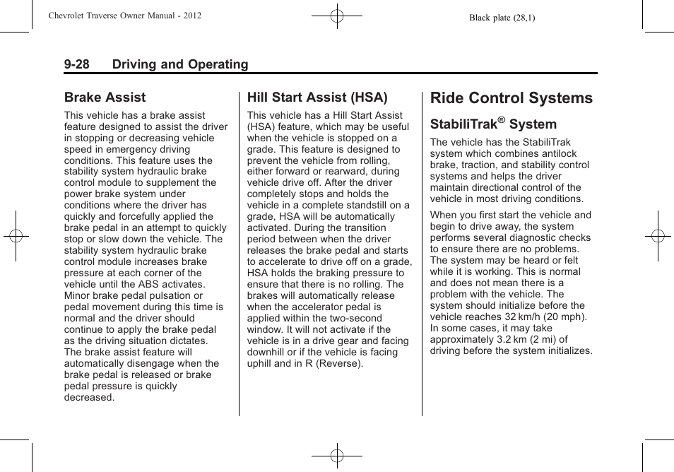 Brake assist, Hill start assist (hsa), Ride control systems | Stabilitrak® system, Ride control systems -28, General, Stabilitrak, System on, System, Brake assist -28 hill start assist (hsa) -28 | CHEVROLET 2012 Traverse User Manual | Page 276 / 450