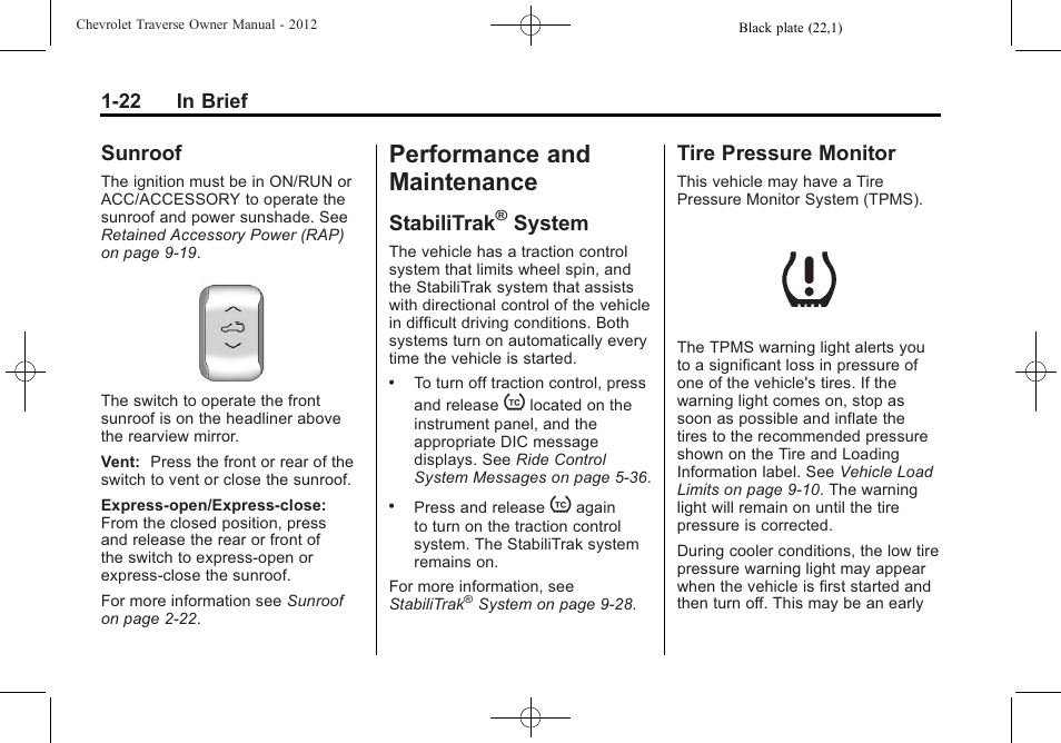 Sunroof, Performance and maintenance, Stabilitrak® system | Tire pressure monitor, Performance and, Maintenance -22, Airbag system, Sunroof -22, Stabilitrak, System -22 | CHEVROLET 2012 Traverse User Manual | Page 28 / 450