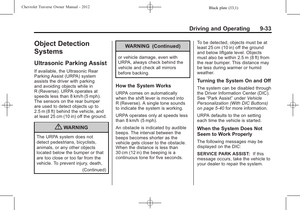 Object detection systems, Ultrasonic parking assist, Object detection systems -33 | Special application, Ultrasonic parking assist -33 | CHEVROLET 2012 Traverse User Manual | Page 281 / 450
