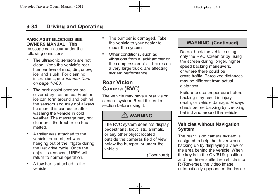 Rear vision camera (rvc), Rear vision, Camera (rvc) -34 | 34 driving and operating | CHEVROLET 2012 Traverse User Manual | Page 282 / 450