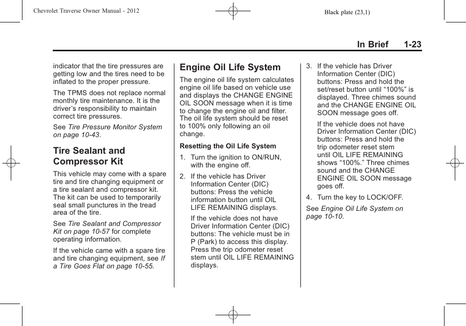 Tire sealant and compressor kit, Engine oil life system, Tire sealant and | Compressor kit -23, Engine oil life system -23 | CHEVROLET 2012 Traverse User Manual | Page 29 / 450