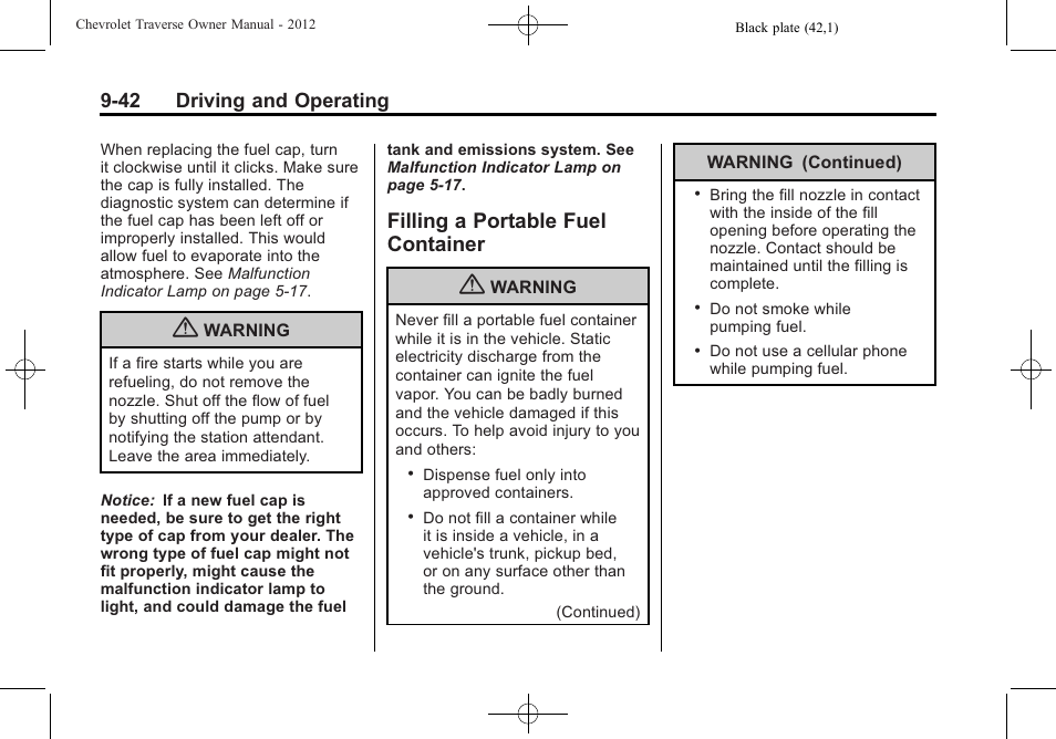 Filling a portable fuel container, Filling a portable fuel, Container -42 | 42 driving and operating | CHEVROLET 2012 Traverse User Manual | Page 290 / 450