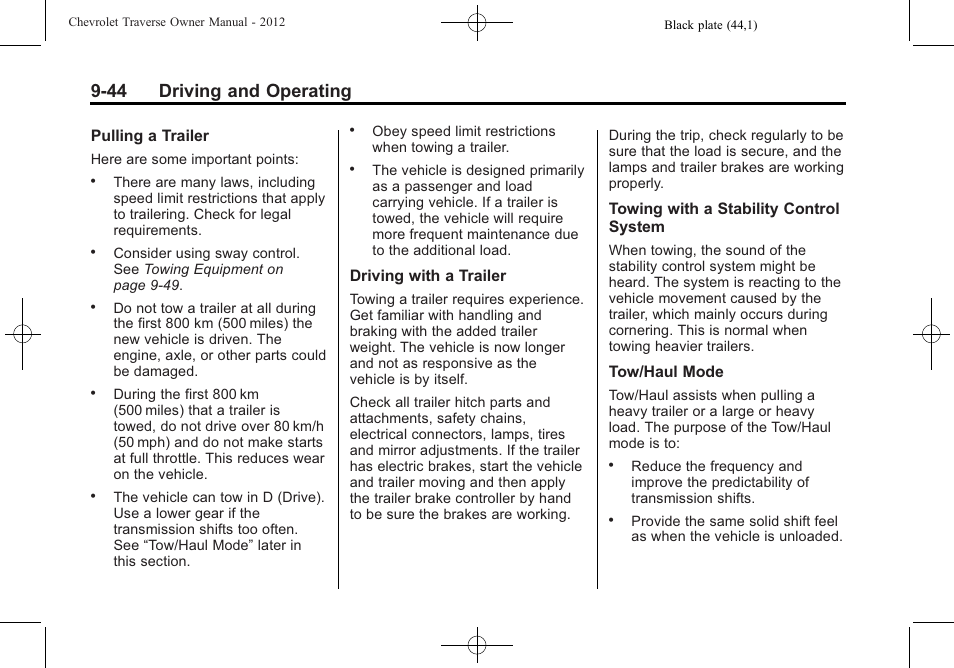 44 driving and operating | CHEVROLET 2012 Traverse User Manual | Page 292 / 450