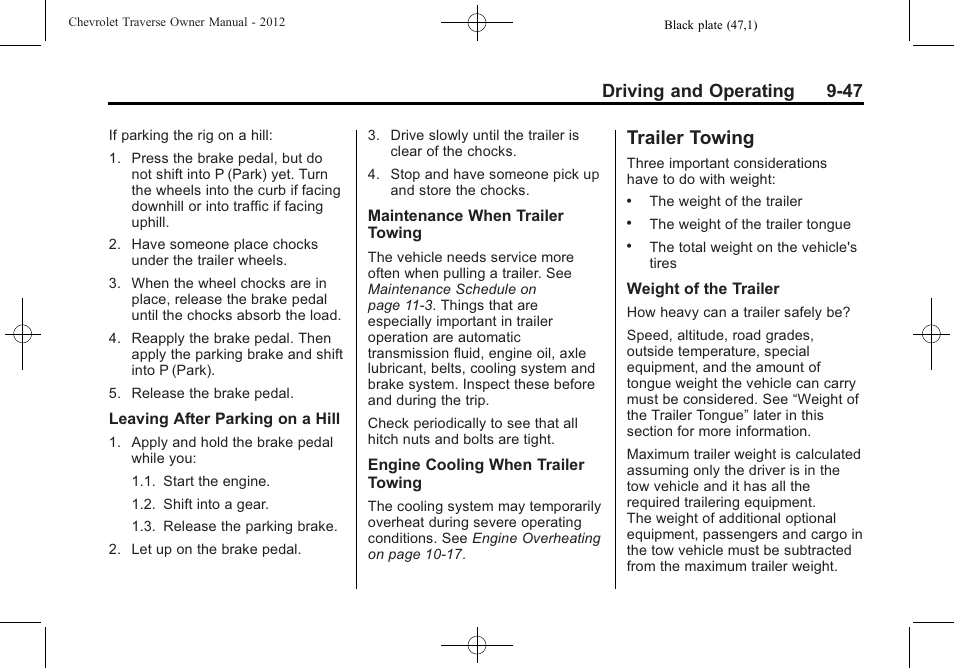 Trailer towing, Trailer towing -47, Driving and operating 9-47 | CHEVROLET 2012 Traverse User Manual | Page 295 / 450