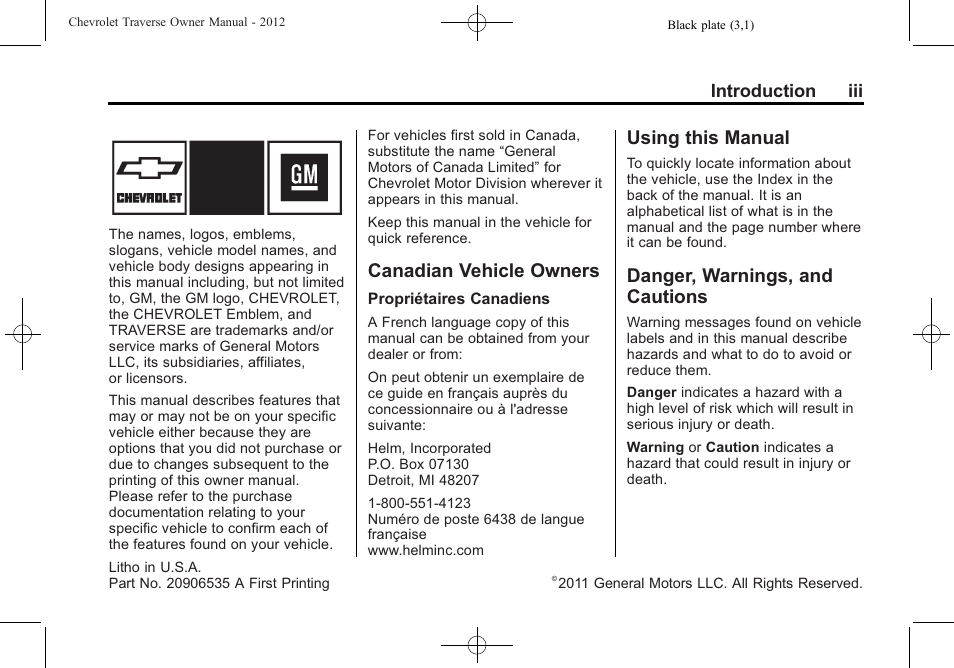 Introduction, Canadian vehicle owners, Using this manual | Danger, warnings, and cautions | CHEVROLET 2012 Traverse User Manual | Page 3 / 450