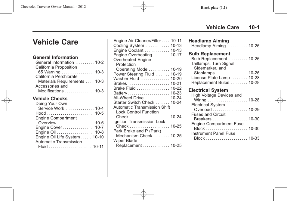 Vehicle care, Vehicle care -1, Vehicle care 10-1 | CHEVROLET 2012 Traverse User Manual | Page 301 / 450