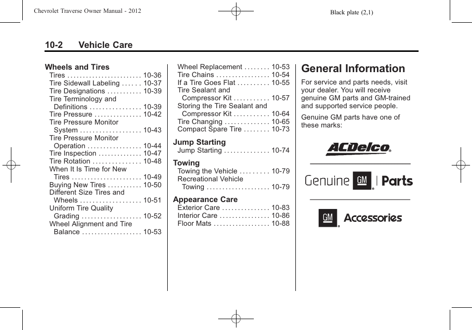 General information, General information -2, Maintenance | 2 vehicle care | CHEVROLET 2012 Traverse User Manual | Page 302 / 450