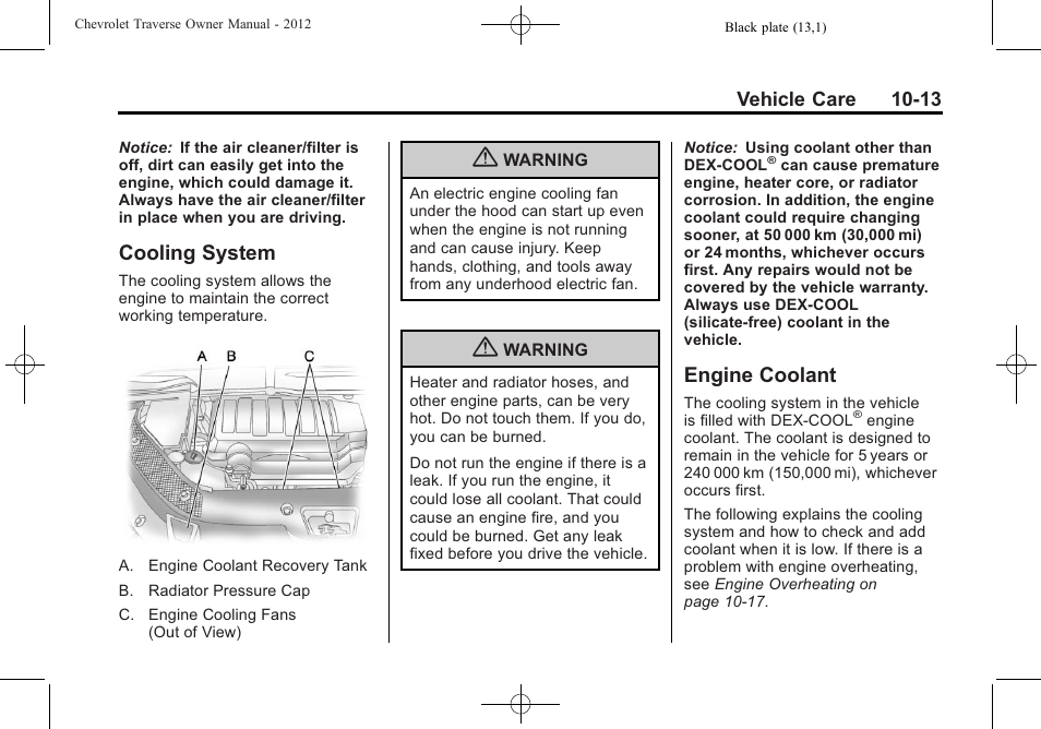 Cooling system, Engine coolant, Cooling system -13 engine coolant -13 | CHEVROLET 2012 Traverse User Manual | Page 313 / 450