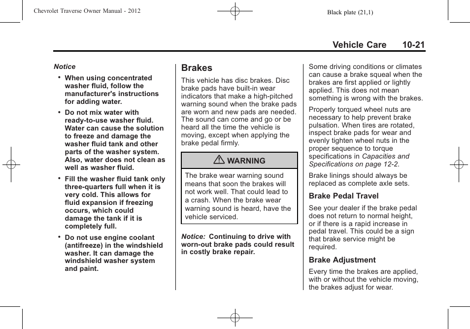 Brakes, Brakes -21, Replacement | Vehicle care 10-21 | CHEVROLET 2012 Traverse User Manual | Page 321 / 450