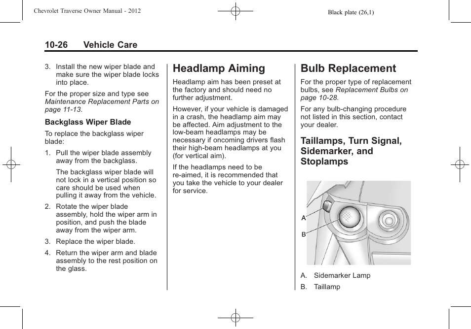 Headlamp aiming, Bulb replacement, Taillamps, turn signal, sidemarker, and stoplamps | Headlamp aiming -26 bulb replacement -26, Headlamp aiming -26, Bulb replacement -26 taillamps, turn signal, Sidemarker, and | CHEVROLET 2012 Traverse User Manual | Page 326 / 450