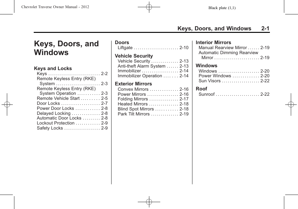 Keys, doors, and windows, Keys, doors, and, Windows -1 | CHEVROLET 2012 Traverse User Manual | Page 33 / 450