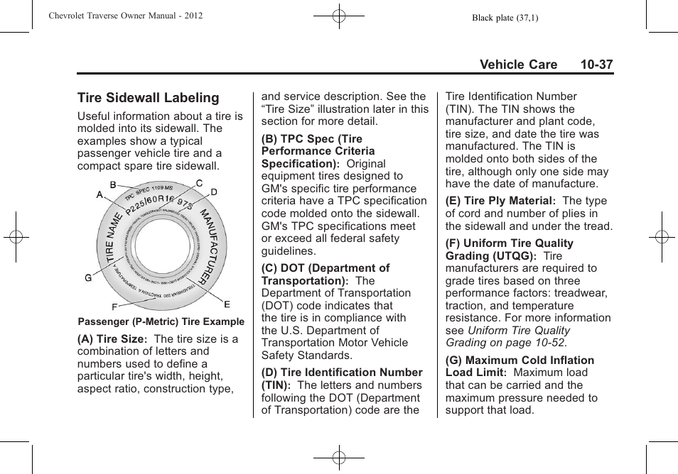 Tire sidewall labeling, Tire sidewall labeling -37 | CHEVROLET 2012 Traverse User Manual | Page 337 / 450