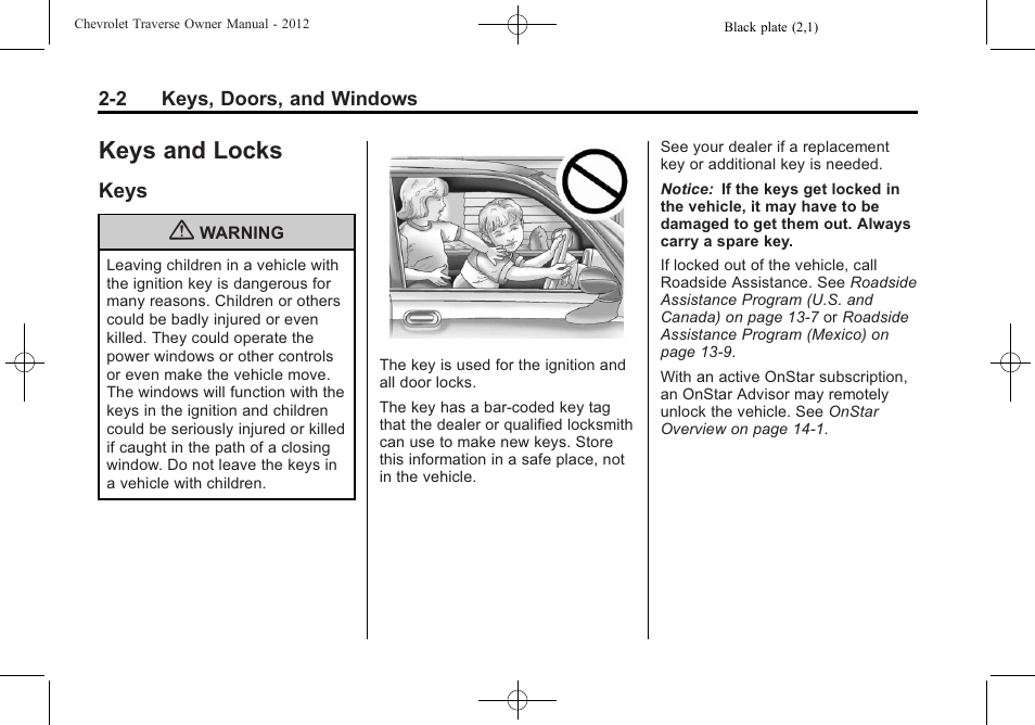 Keys and locks, Keys, Keys and locks -2 | Storage compartments, Keys -2 | CHEVROLET 2012 Traverse User Manual | Page 34 / 450