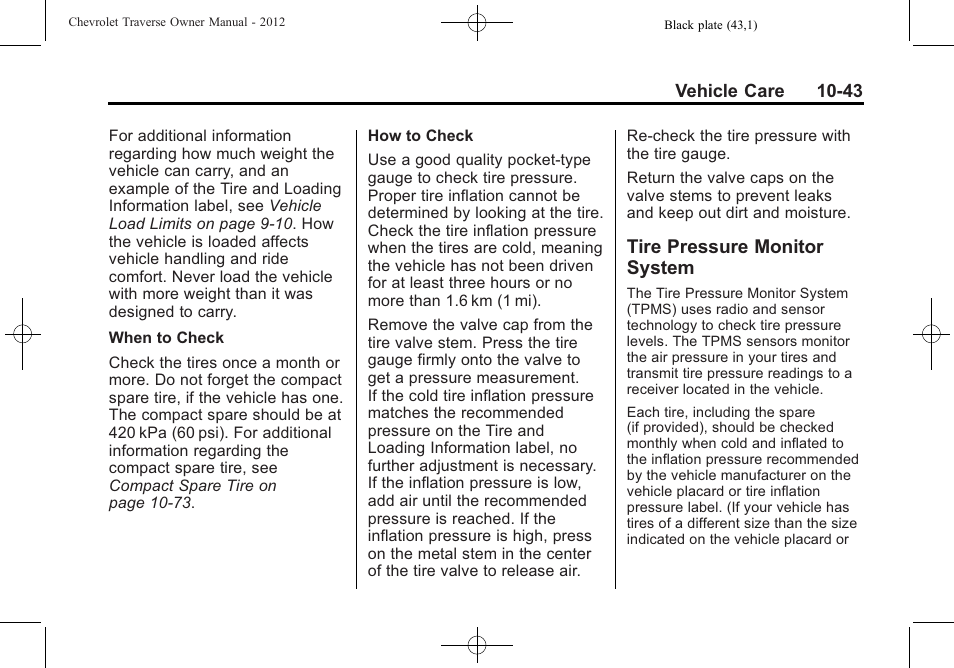 Tire pressure monitor system, Tire pressure monitor, System -43 | CHEVROLET 2012 Traverse User Manual | Page 343 / 450