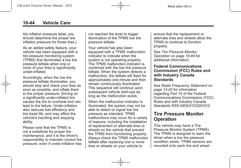 Tire pressure monitor operation, Tire pressure monitor, Operation -44 | CHEVROLET 2012 Traverse User Manual | Page 344 / 450