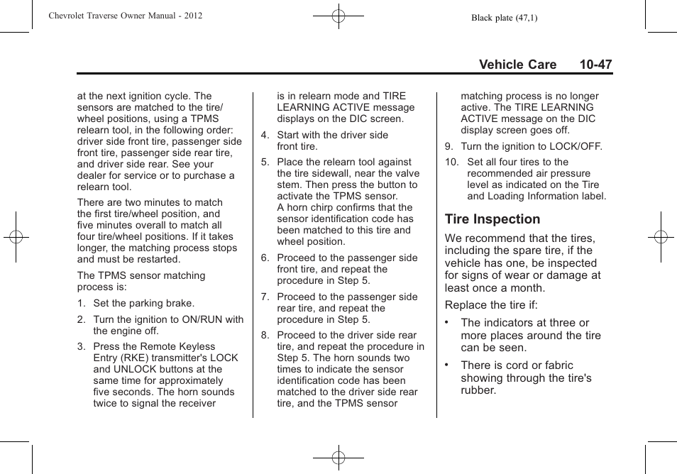 Tire inspection, Tire inspection -47, Vehicle care 10-47 | CHEVROLET 2012 Traverse User Manual | Page 347 / 450