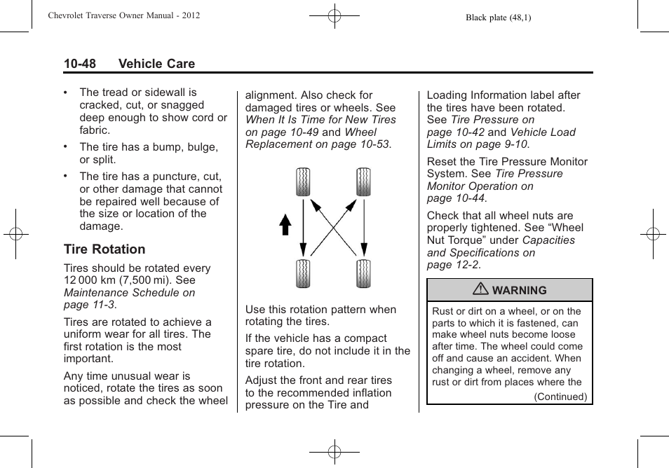 Tire rotation, Tire rotation -48 | CHEVROLET 2012 Traverse User Manual | Page 348 / 450