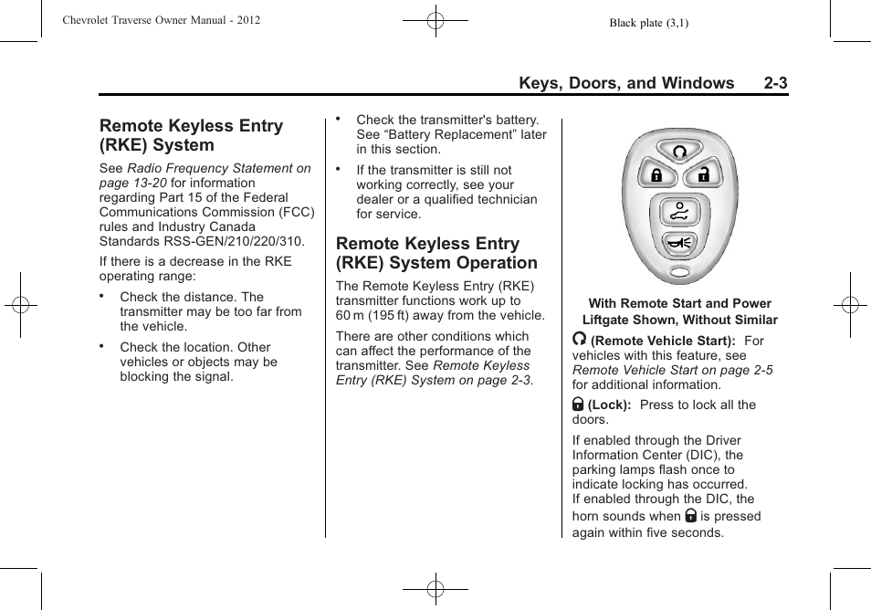 Remote keyless entry (rke) system, Remote keyless entry (rke) system operation, Remote keyless entry (rke) | System -3, System operation -3, Power, Keys, doors, and windows 2-3 | CHEVROLET 2012 Traverse User Manual | Page 35 / 450