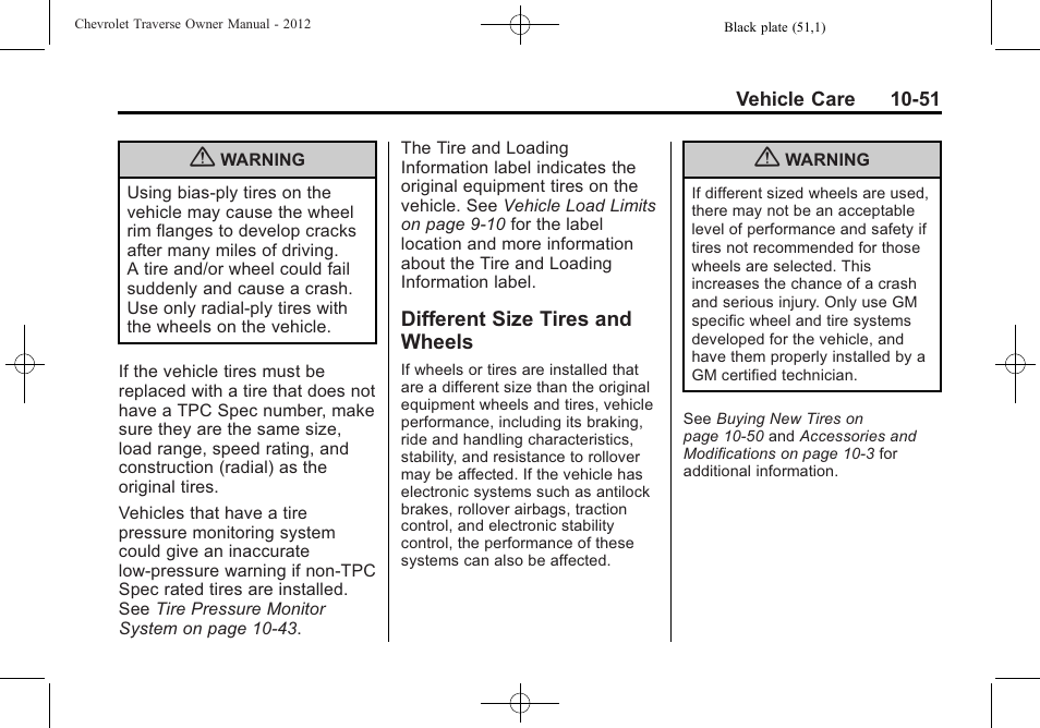 Different size tires and wheels, Different size tires and, Wheels -51 | CHEVROLET 2012 Traverse User Manual | Page 351 / 450