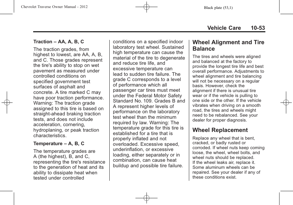 Wheel alignment and tire balance, Wheel replacement, Wheel alignment and tire | Balance -53, Wheel replacement -53, General | CHEVROLET 2012 Traverse User Manual | Page 353 / 450