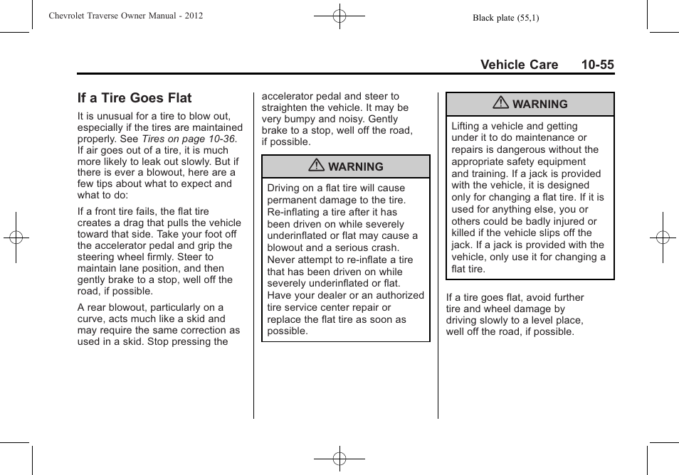 If a tire goes flat, If a tire goes flat -55 | CHEVROLET 2012 Traverse User Manual | Page 355 / 450