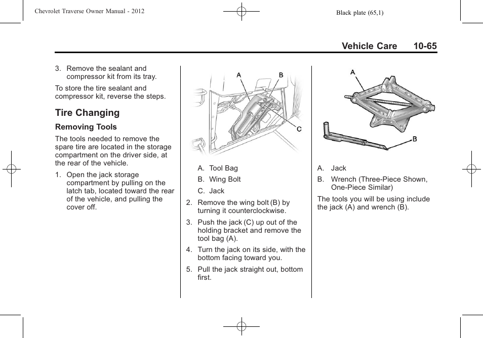 Tire changing, Tire changing -65, These marks | Vehicle care 10-65 | CHEVROLET 2012 Traverse User Manual | Page 365 / 450