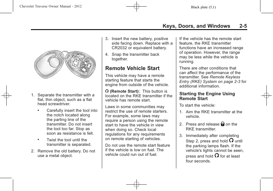Remote vehicle start, Remote vehicle start -5, Folding | Keys, doors, and windows 2-5 | CHEVROLET 2012 Traverse User Manual | Page 37 / 450