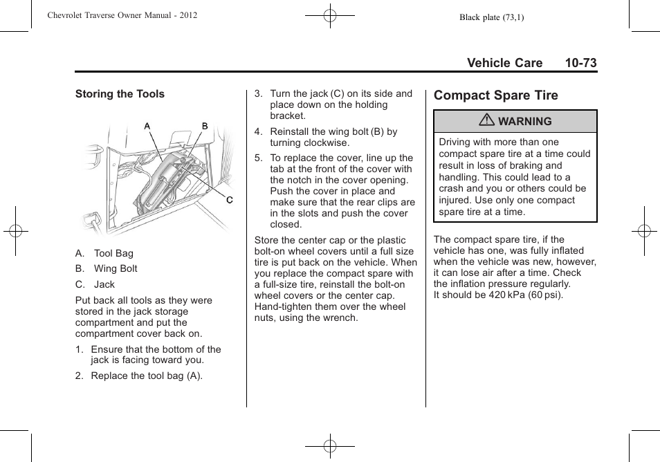 Compact spare tire, Compact spare tire -73 | CHEVROLET 2012 Traverse User Manual | Page 373 / 450