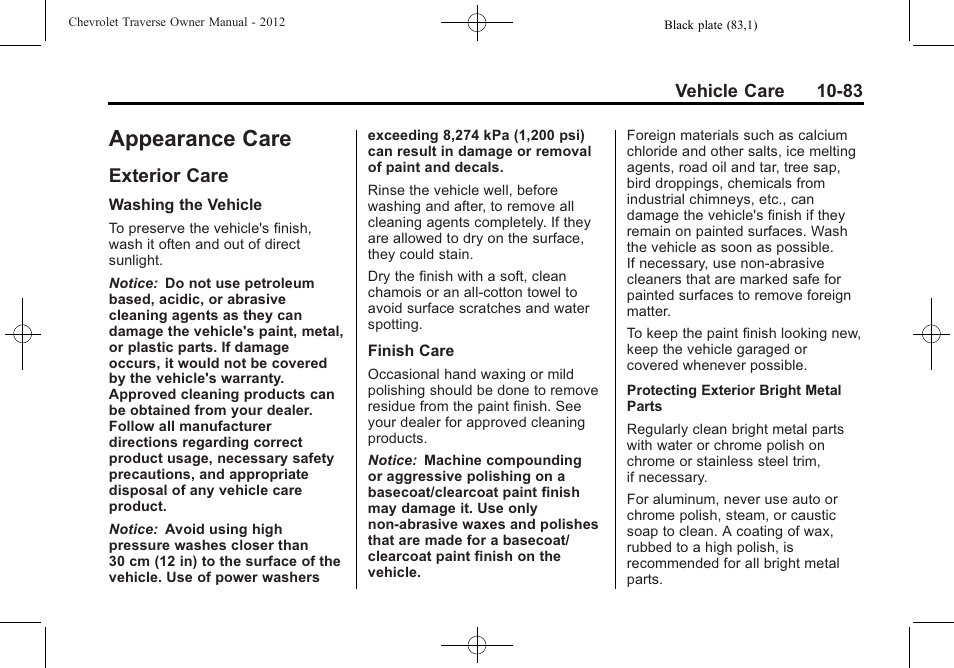 Appearance care, Exterior care, Care -83 | Customer information -1, Exterior care -83 | CHEVROLET 2012 Traverse User Manual | Page 383 / 450