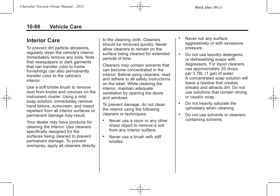 Interior care, Care -86, 86 vehicle care | CHEVROLET 2012 Traverse User Manual | Page 386 / 450