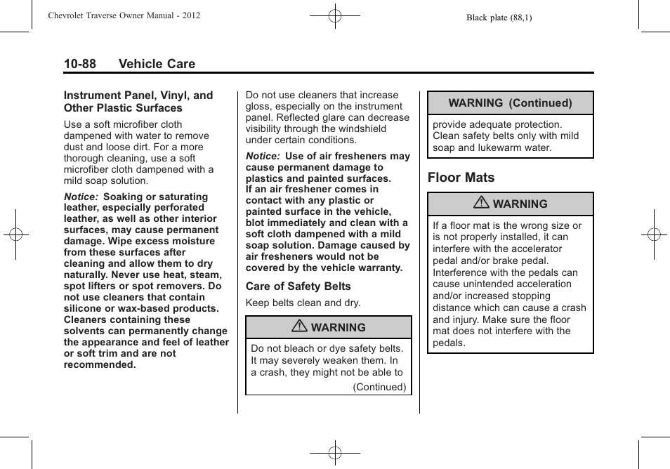 Floor mats, Floor mats -88 | CHEVROLET 2012 Traverse User Manual | Page 388 / 450