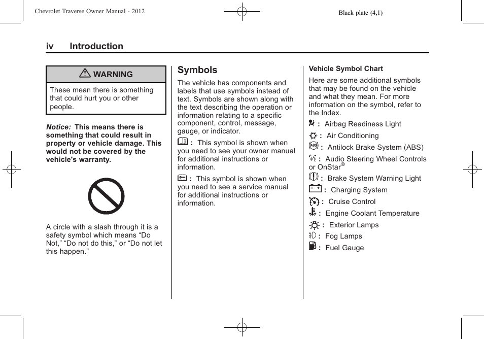 Symbols | CHEVROLET 2012 Traverse User Manual | Page 4 / 450