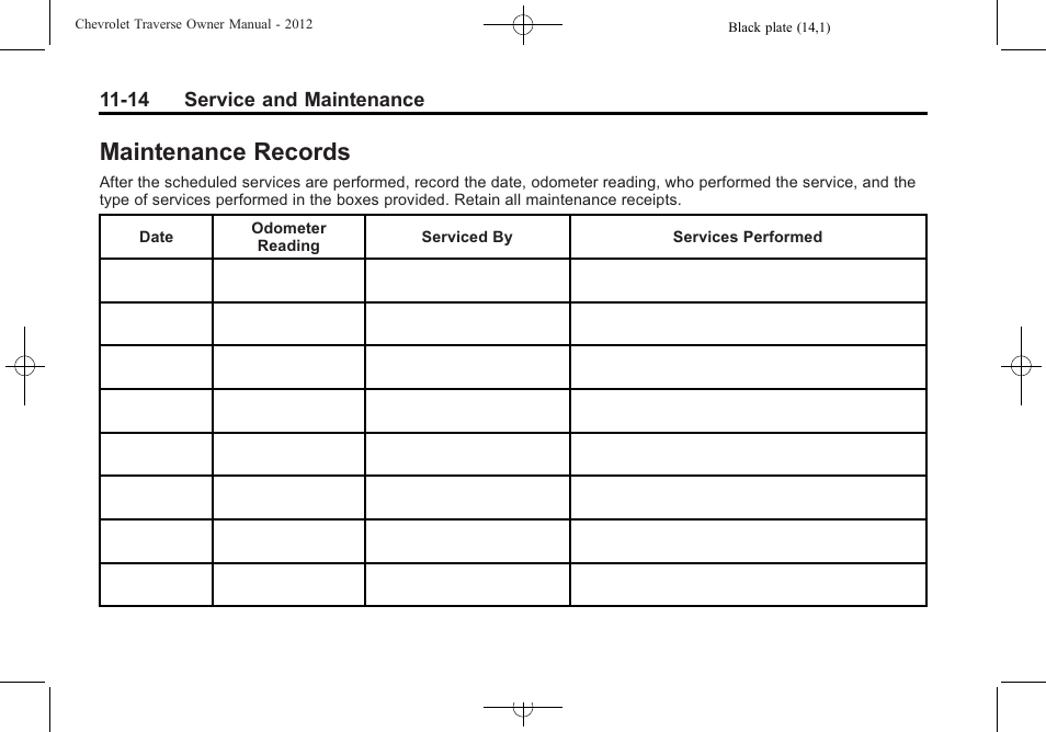 Records -14, Index, Maintenance records -14 | Maintenance records | CHEVROLET 2012 Traverse User Manual | Page 404 / 450